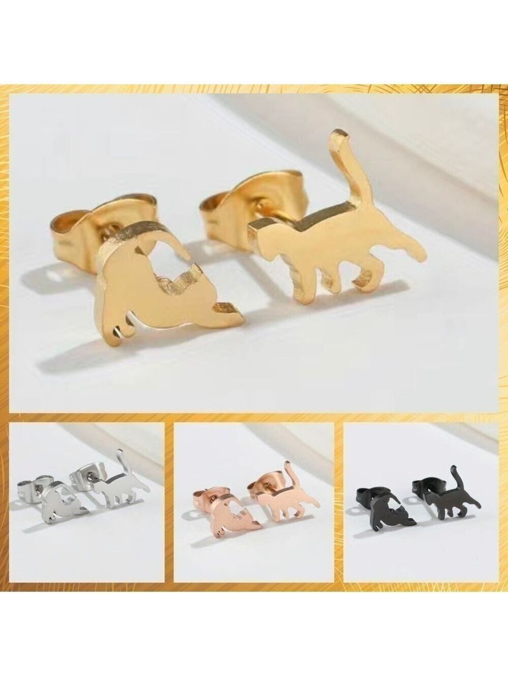 Playful Cats Stainless Steel Stud Small Earrings #1409 (Color: gold)